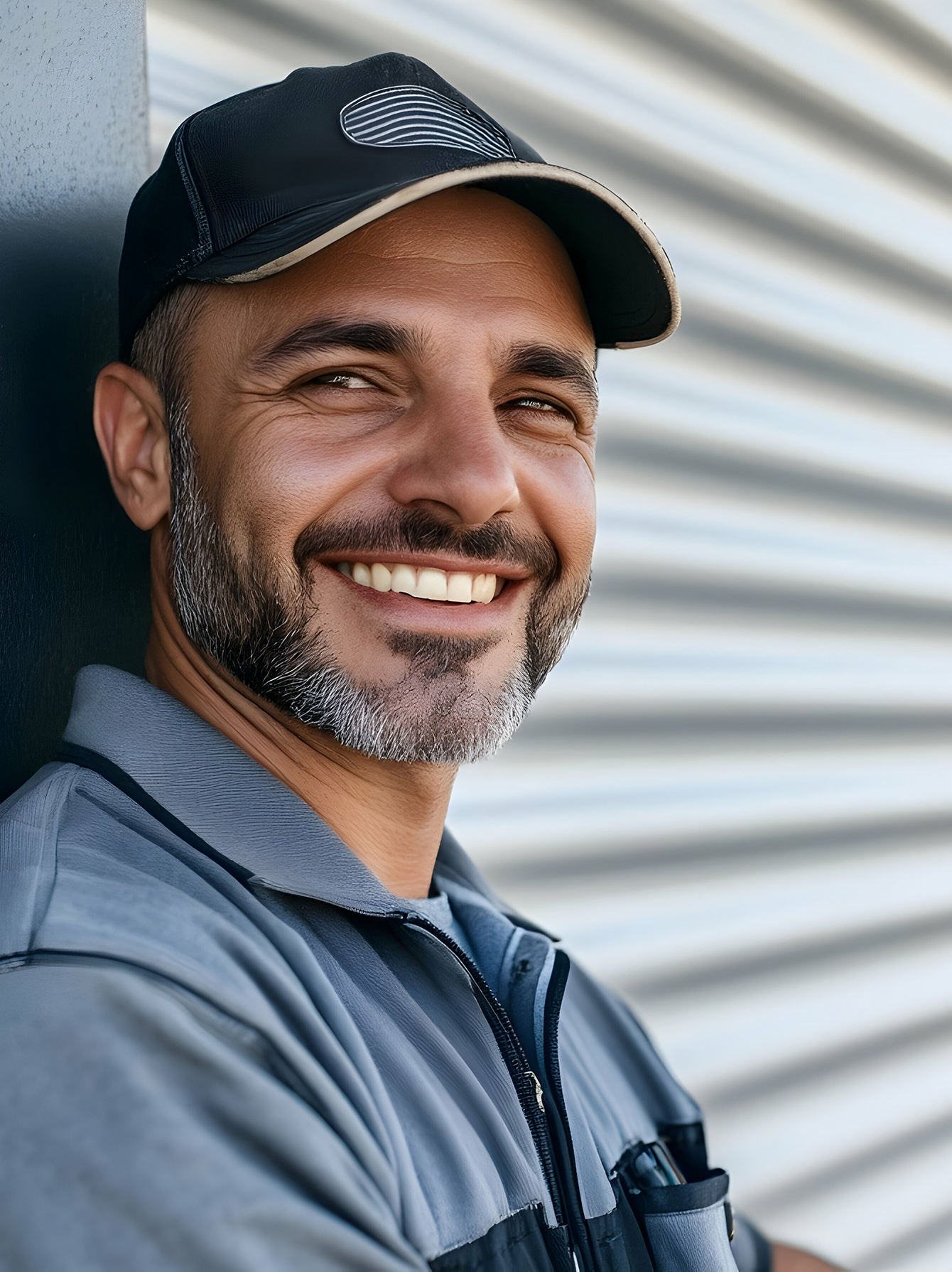 Garage door technician leaning on commercial garage door