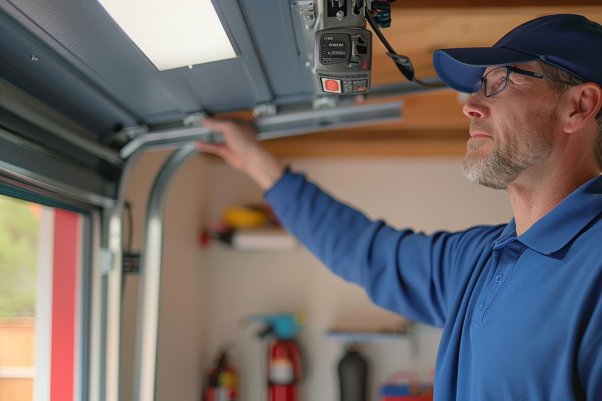 Garage door system tune-up in progress